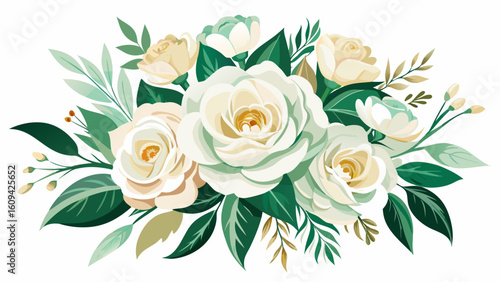 Vector art of a charming bouquet of creamy white roses and pale yellow blooms, accented by deep green leaves and subtle gold details