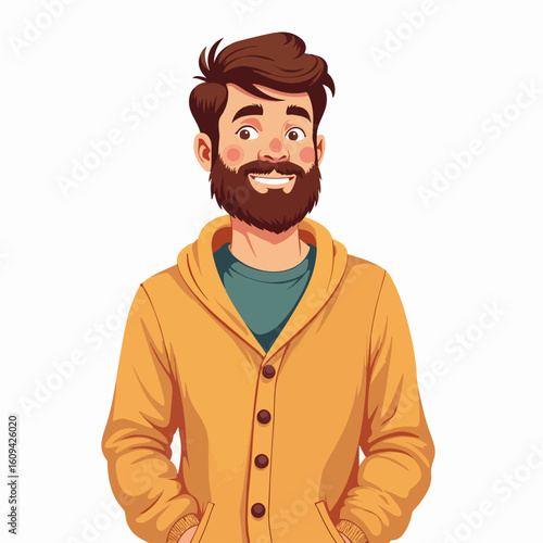 Bearded man in cozy cardigan smiles warmly, portrait shows kind bearded man in cozy cardigan, standing against plain white background. He exudes charm and approachability in his cozy cardigan.