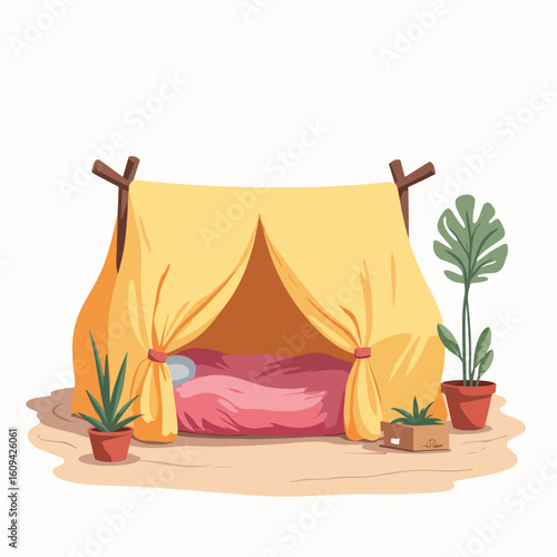 Charming blanket fort in quiet room with plants for relaxing getaway indoors. Blanket fort design is ideal for comfortable staycation with cozy atmosphere.