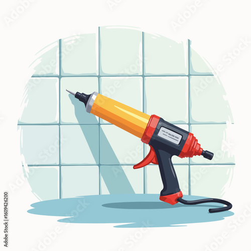 Caulking gun shown with bathroom tiles for home renovation, repair and interior finishing. Caulking gun sits against tiled wall,