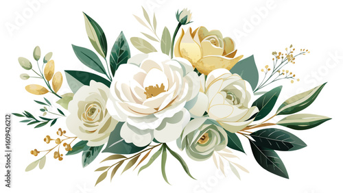 Vector art of a sophisticated floral display featuring pristine white roses accented by rich green leaves and subtle golden touches
