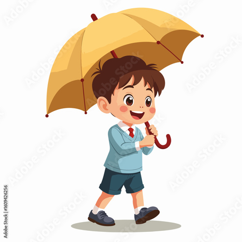 Child holding umbrella in school uniform, walking cheerfully to school on a bright day. Child holding umbrella protects him from unexpected weather.