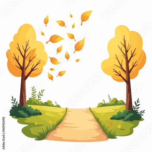 Dry leaves blowing across path. Autumn landscape shows dry leaves blowing across path in forest. Illustration portrays dry leaves blowing across path with trees, grass and bushes,