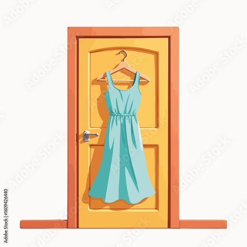 Dress hanging on door handle, showing light blue dress and bag on the yellow door. Dress on door provides a charming and practical staging, symbolizing quick access or a last-minute choice,