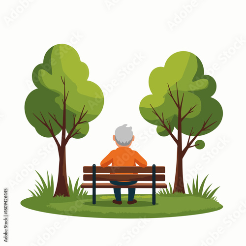 Elderly man watching trees from bench, surrounded by peaceful nature, with fresh air. Elderly man reflects, enjoying tranquility of park, and finds serenity in scenery.