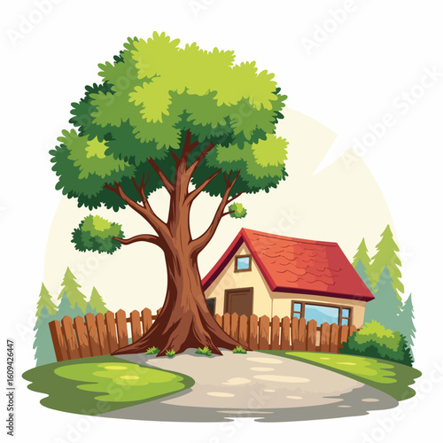 Fallen tree blocking driveway after storm illustration with a house. Fallen tree after severe weather creates a home emergency, a problem for homeowners.