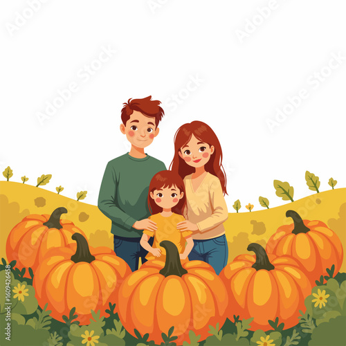 Family in pumpkin field, celebrating autumn harvest with their child. Pumpkin field is a perfect place to spend time together and enjoy fall atmosphere. This lovely family posing in pumpkin field.