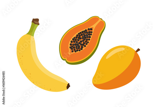 A banana papaya and mango sit isolated on a white background