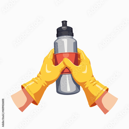 Insulated water bottle held by gloved hands. Stainless steel thermos bottle with red band is carefully held.