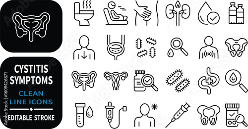 Clean line icons presenting cystitis symptoms and medical diagnostic concepts