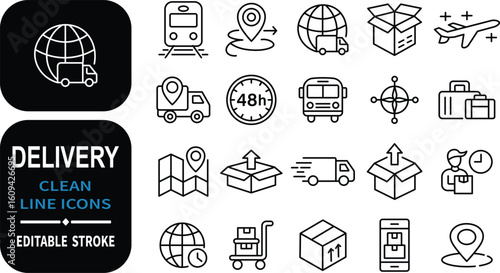 Collection of clean and editable line icons depicting delivery and logistics concepts