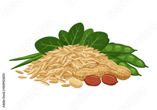 A pile of spinach beans rice and peanuts