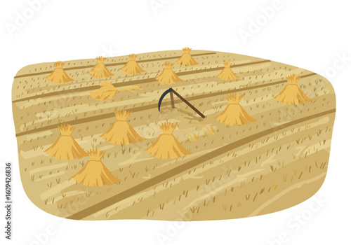 A harvested field features haystacks and a sickle on a beige ground