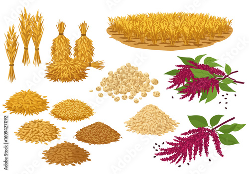 An array of harvested crops wheat bundles grains and amaranth flowers fill the frame