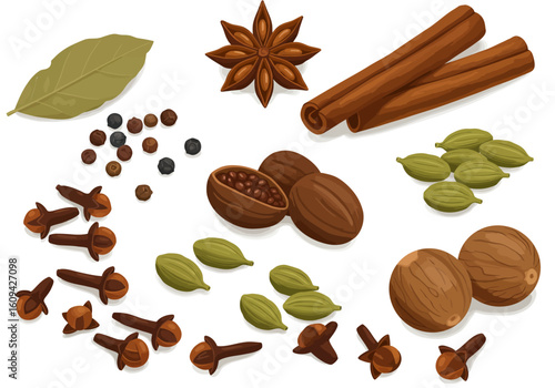 An assortment of spices cinnamon sticks star anise cloves nutmeg cardamom pods bay leaf and peppercorns are displayed
