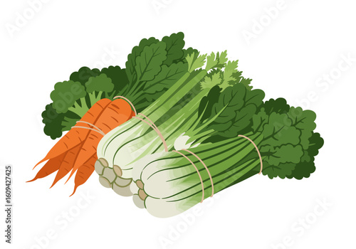 Bundled carrots bok choy celery and broccoli with rubber bands on a white background
