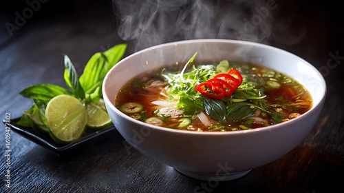Steaming bowl of fiery pho with herbs lime and red pepper garnish