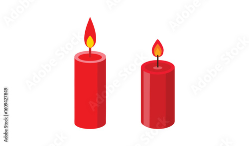Two red cylindrical candles with lit flames on white background