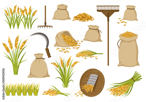 Illustration of farming tools and harvested rice