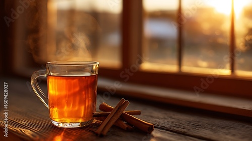 Steaming spiced tea with cinnamon sticks near window with golden sunset light background