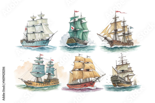 set of watercolor  Frigate ship vector illustration isolated on white background
