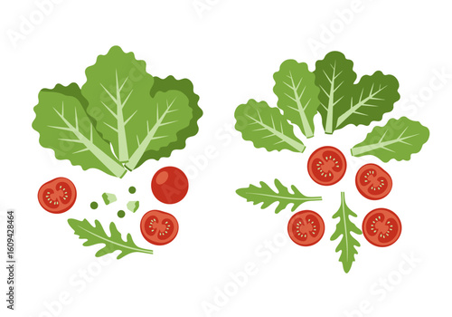 Two vegetable sets lettuce tomatoes arugula greens on a white background