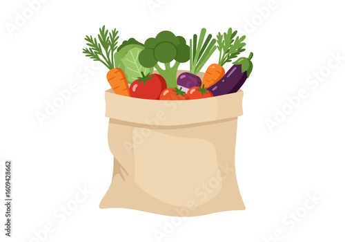 Veggies in a beige bag Broccoli carrots and tomatoes overflow