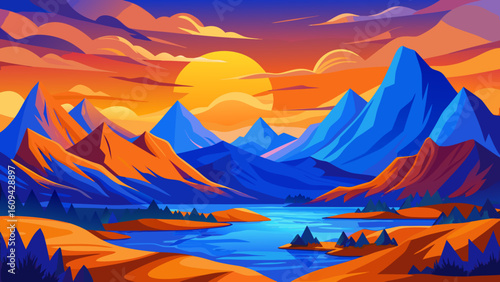 Vector art of stunning mountain panorama with a fiery sunset over a reflective body of water