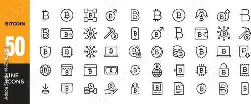 50 Bitcoin cryptocurrency line icon set. Crypto currency digital money payment symbol. Blockchain technology financial concept. Online banking mobile wallet app sign vector.