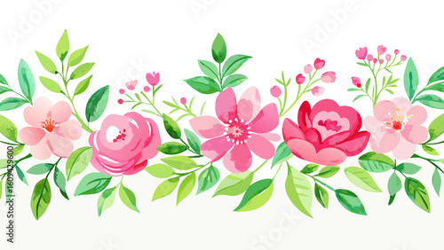 Vector art of a charming horizontal border composed of delicate pink flowers and vibrant green leaves, perfect for design