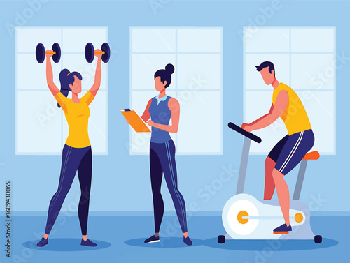 Personal trainer guiding man and woman during a gym workout session vector illustration