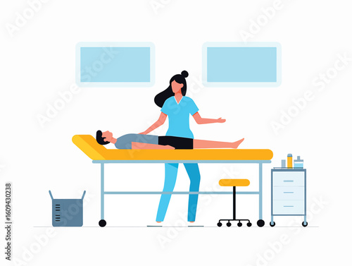 Female physiotherapist treating a male patient on an examination table in a clinic. Vector illustration.