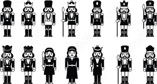 Nutcracker soldier vector set, traditional Christmas holiday toy icons, black and white wooden figures, festive winter clipart collection