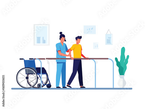 Nurse assisting a patient with walking rehabilitation using parallel bars vector