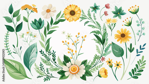 Vector art of an elegant watercolor set of flowers and leaves creating a circular floral arrangement on a plain white surface