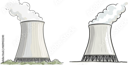 Two cooling towers emitting steam in a simple illustration style  