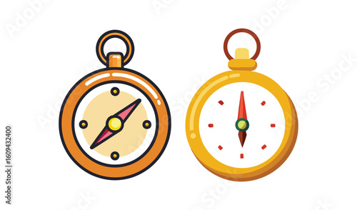 Two vintage style compasses with colorful needles on a white background