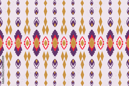 seamless geometric pattern. colorful and vibrant geometric pattern inspired by traditional textile designs. The pattern features vertical rows of alternating motifs in rich hues of purple, gold.