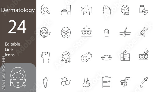 Dermatology Editable Line Icons Set. doctor, skin diseases, treatment, and more. Pictograms and infographics. Vector illustration