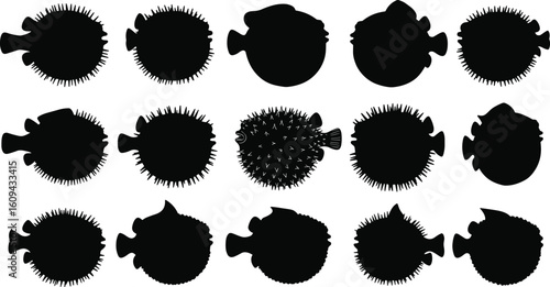 Pufferfish silhouette set, spiky fish vector, blowfish clipart, sea creature illustration, ocean fish outlines, black pufferfish icons