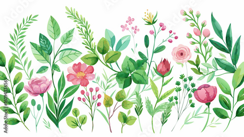 Vector art of a beautiful watercolor border of pink roses, green leaves, and delicate wildflowers, isolated on a clean white background