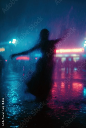 Silhouette of a Woman Dancing in the Rain Amidst Neon Lights, Wet Pavement Reflecting Urban Glow in a Moody, Atmospheric Style
