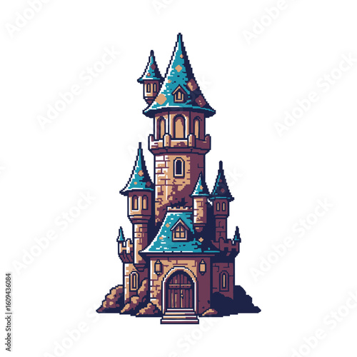 Pixel art fantasy castle with tall stone towers and teal roofs.