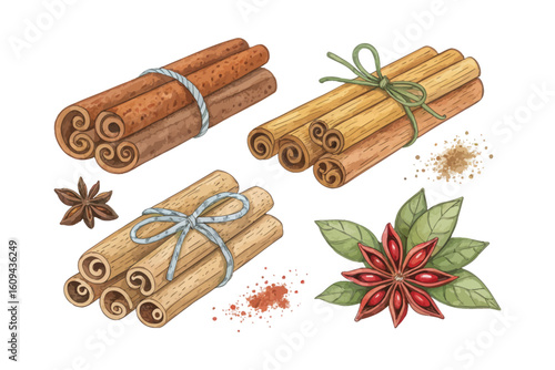 set of watercolor cinnamon stick vector illustration isolated on white background