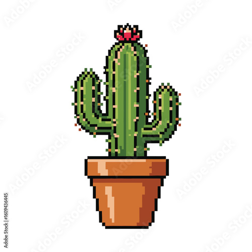 Retro 8-bit pixel art of a green flowering cactus in a brown terracotta pot.