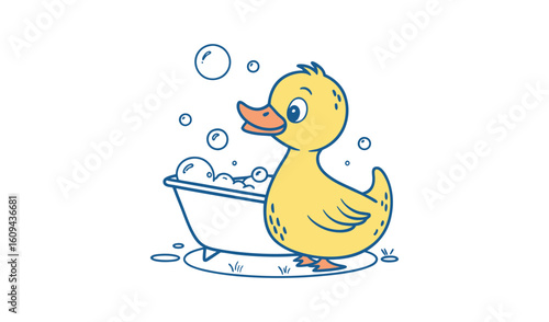 Cute yellow rubber duck enjoying a bubble bath in a bathtub