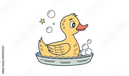Cute cartoon yellow rubber duck floating in a bubble bath