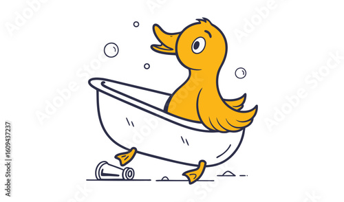 Cute cartoon duckling taking a bubble bath in a bathtub
