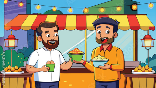 Friends enjoy food at a vibrant market stall