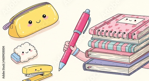 Cute kawaii school supplies with smiling faces and pastel colors for students